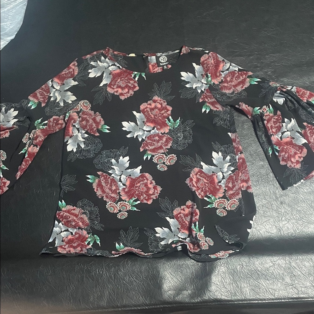 Bobeau Black Floral Blouse with Bell Sleeves